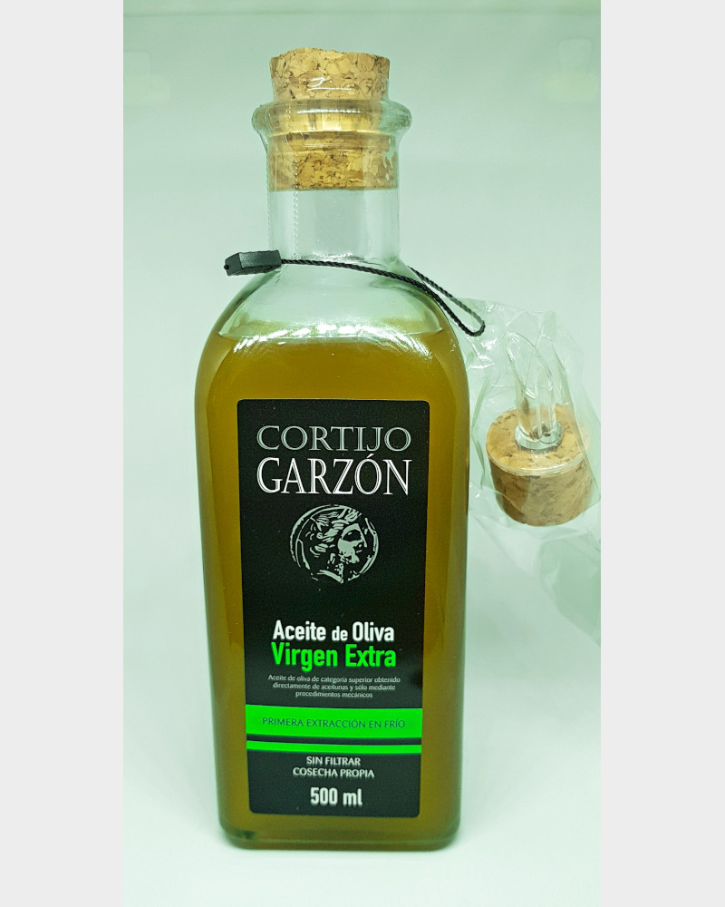 Caja de 12 Botellas 500ml en vidrio con tapón de corcho y colgante dosificador  Aceite Virgen Extra Cortijo Garzón - Aceites Cortijo Garzón
